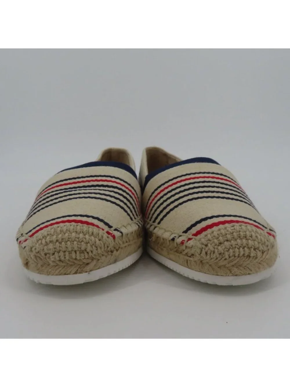 Lands End Women 7.5B Espadrille Flats Slip On Shoes Beige Red Blue Stripe Canvas